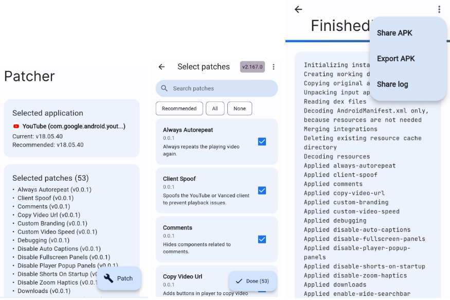 Selecting Patches and Compiling Modified Youtube APK